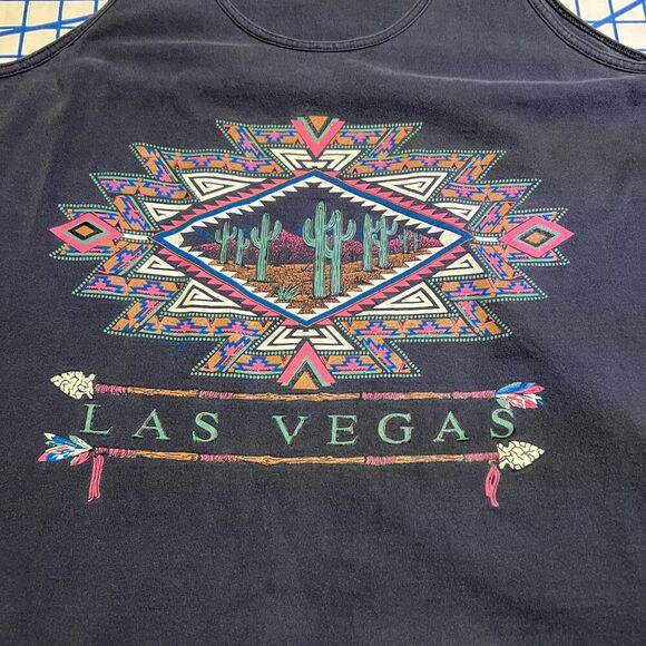 Vtg Las Vegas Aztec Desert Graphic Tank Top Size Large Black Pre-Shrunk - Picture 4 of 6